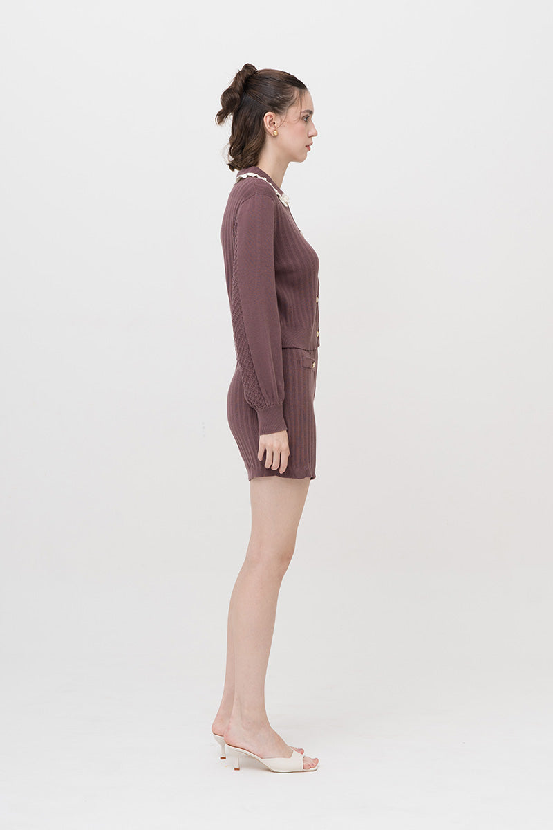 Lace-Knit Collared Rib-Knit Cardigan In Dark Mauve