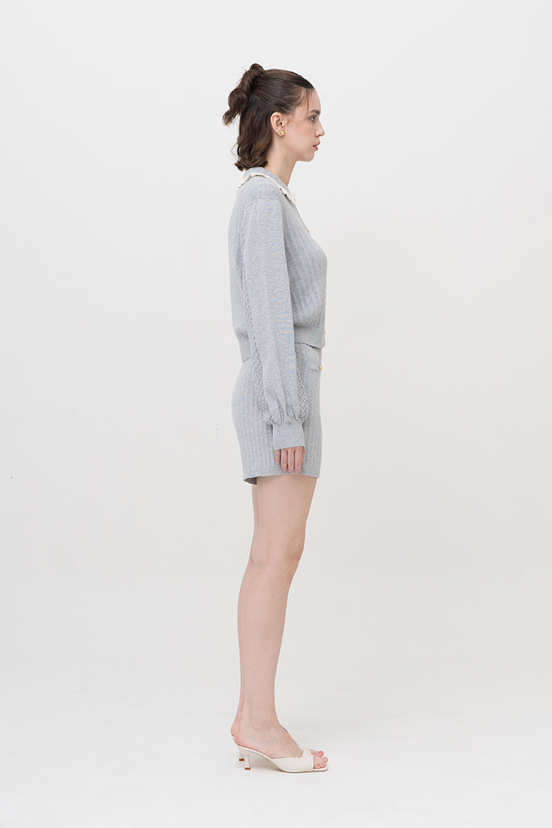 Lace-Knit Collared Rib-Knit Cardigan In Light Grey