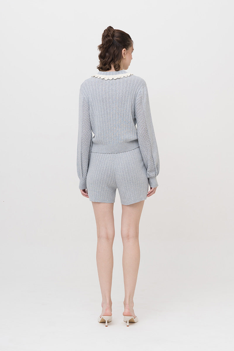 Lace-Knit Collared Rib-Knit Cardigan In Light Grey
