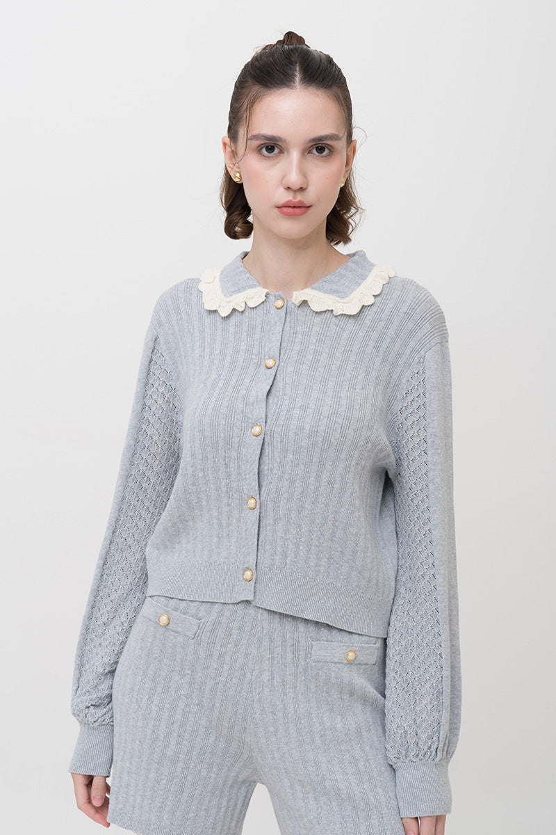 Lace-Knit Collared Rib-Knit Cardigan In Light Grey