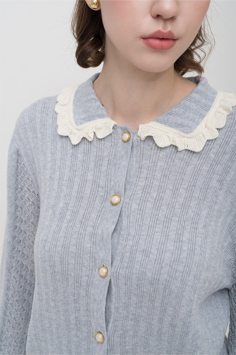Lace-Knit Collared Rib-Knit Cardigan In Light Grey