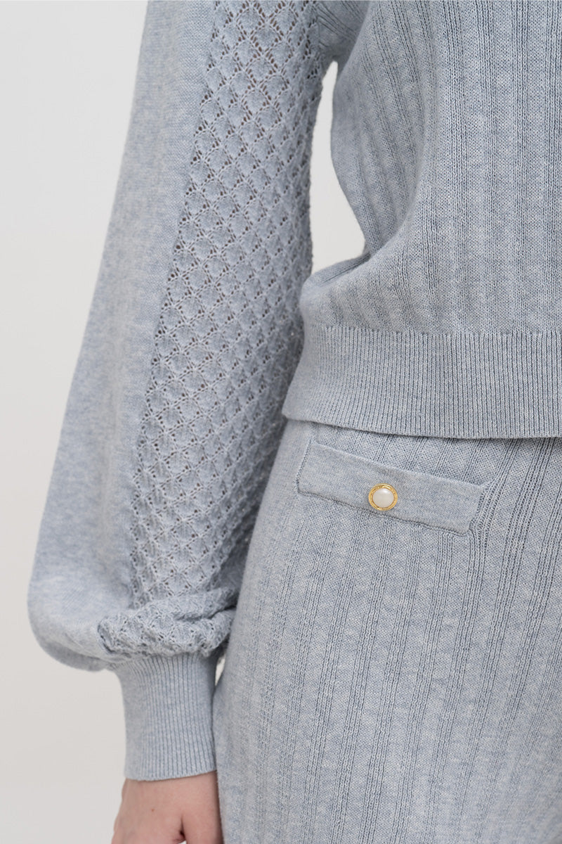Lace-Knit Collared Rib-Knit Cardigan In Light Grey