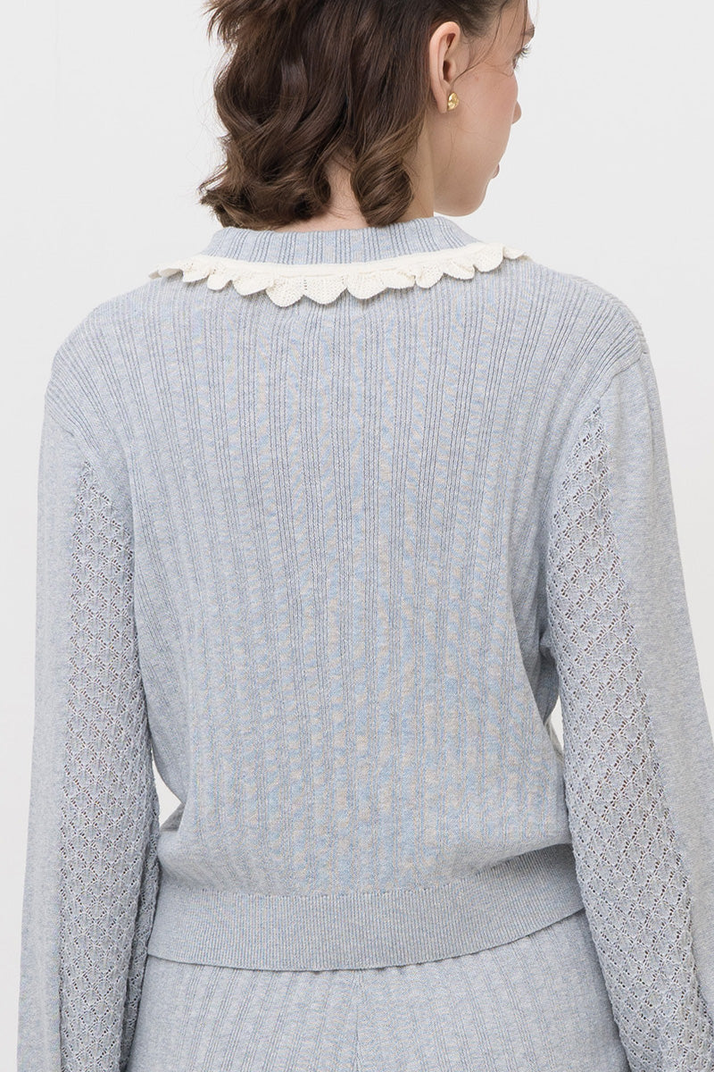 Lace-Knit Collared Rib-Knit Cardigan In Light Grey