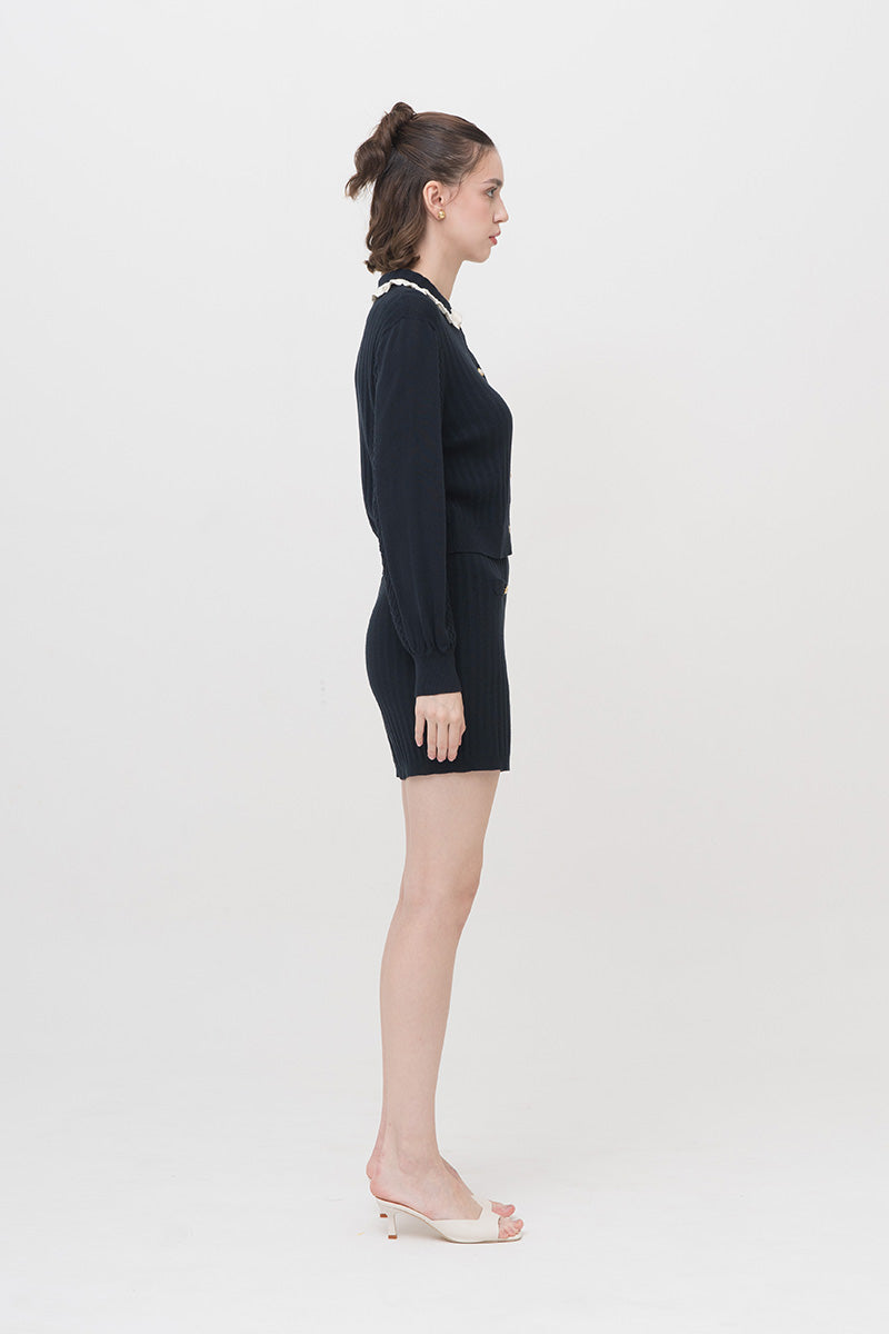 Lace-Knit Collared Rib-Knit Cardigan In Midnight Blue