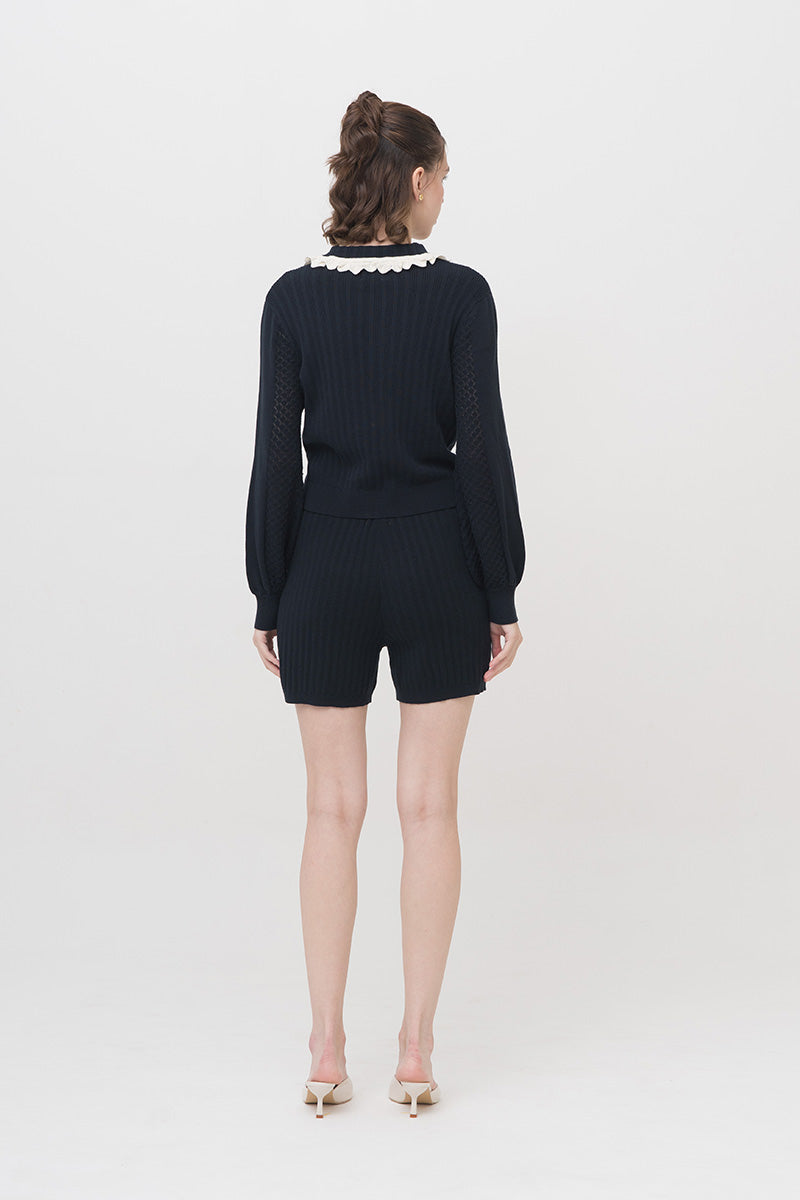 Lace-Knit Collared Rib-Knit Cardigan In Midnight Blue