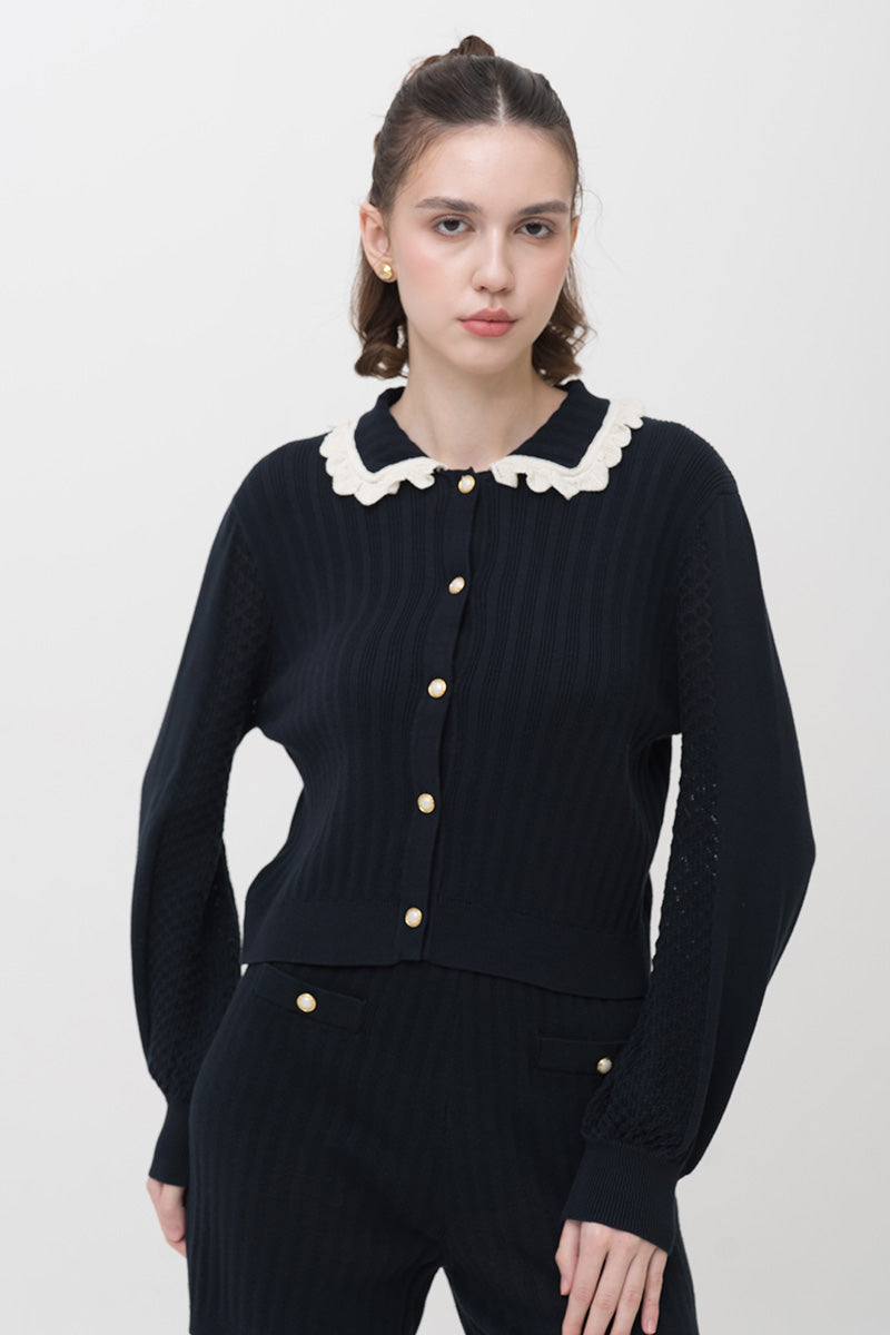 Lace-Knit Collared Rib-Knit Cardigan In Midnight Blue