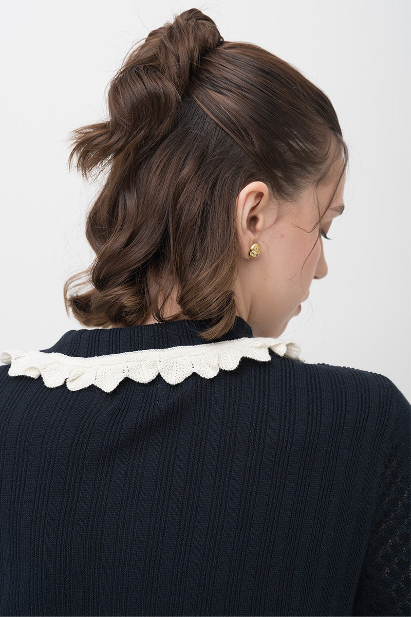Lace-Knit Collared Rib-Knit Cardigan In Midnight Blue
