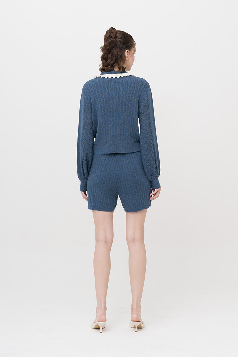 Lace-Knit Collared Rib-Knit Cardigan In Slate Blue