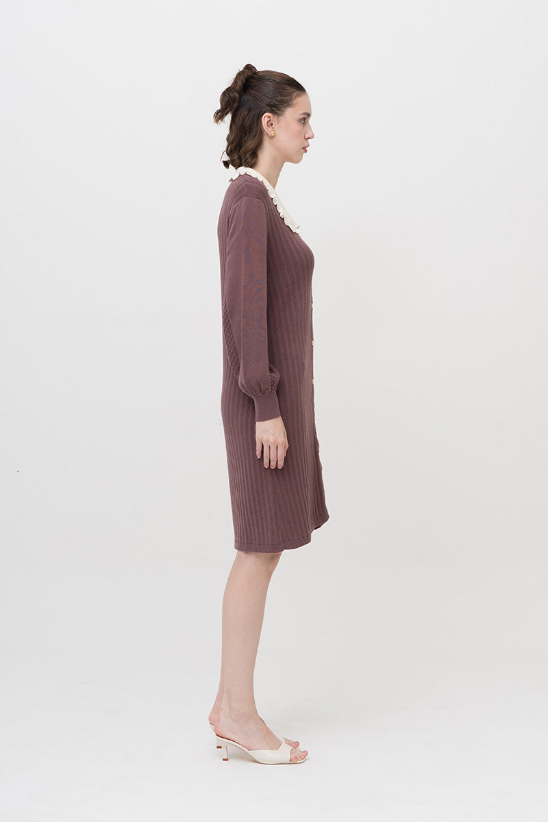 Lace-Knit Collared Rib-Knit Dress In Dark Mauve