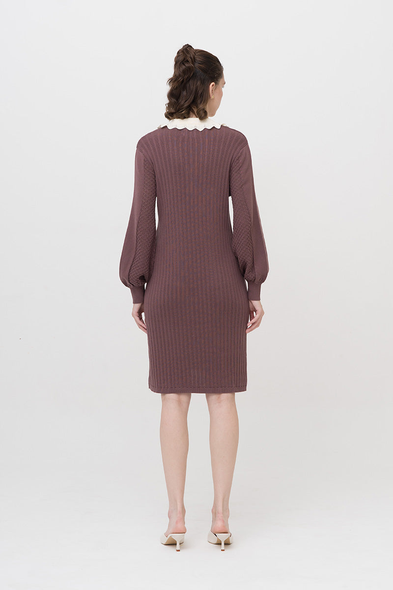 Lace-Knit Collared Rib-Knit Dress In Dark Mauve