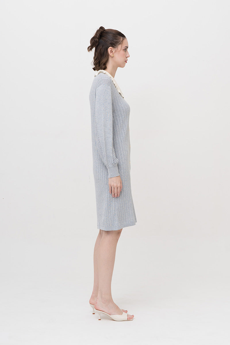 Lace-Knit Collared Rib-Knit Dress In Light Grey