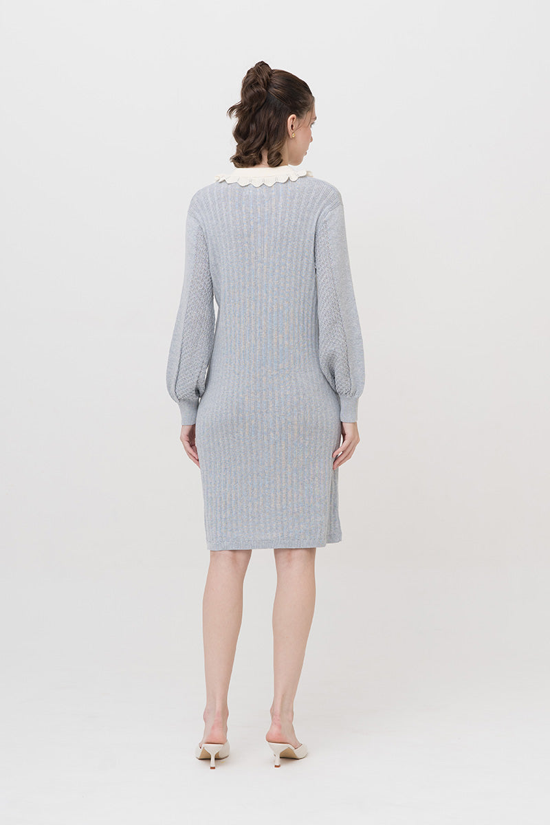 Lace-Knit Collared Rib-Knit Dress In Light Grey