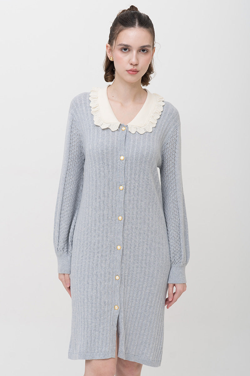 Lace-Knit Collared Rib-Knit Dress In Light Grey