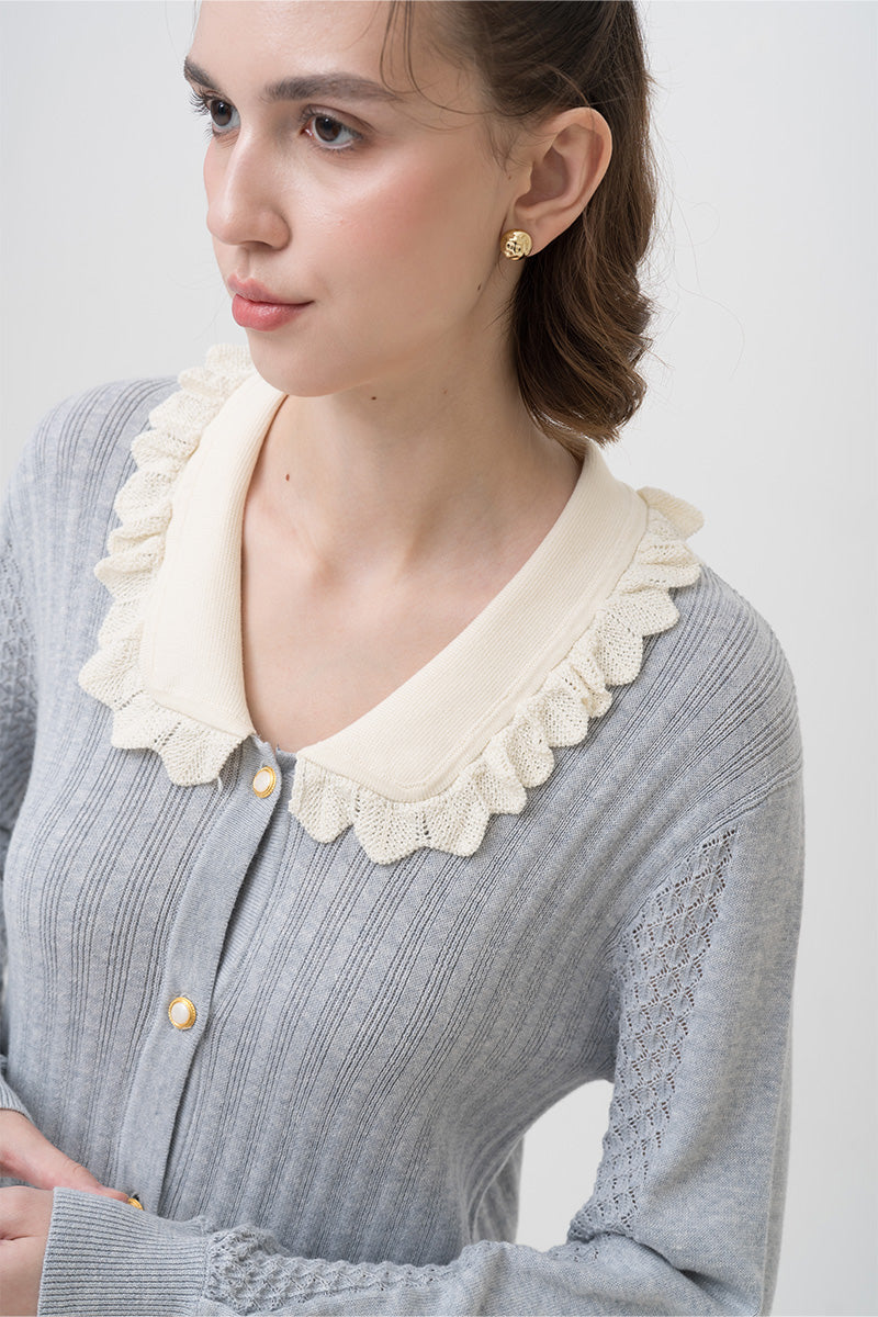 Lace-Knit Collared Rib-Knit Dress In Light Grey