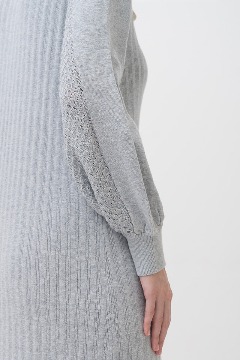 Lace-Knit Collared Rib-Knit Dress In Light Grey