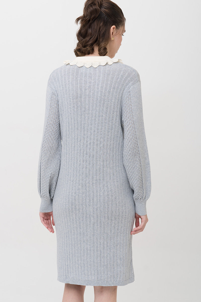 Lace-Knit Collared Rib-Knit Dress In Light Grey