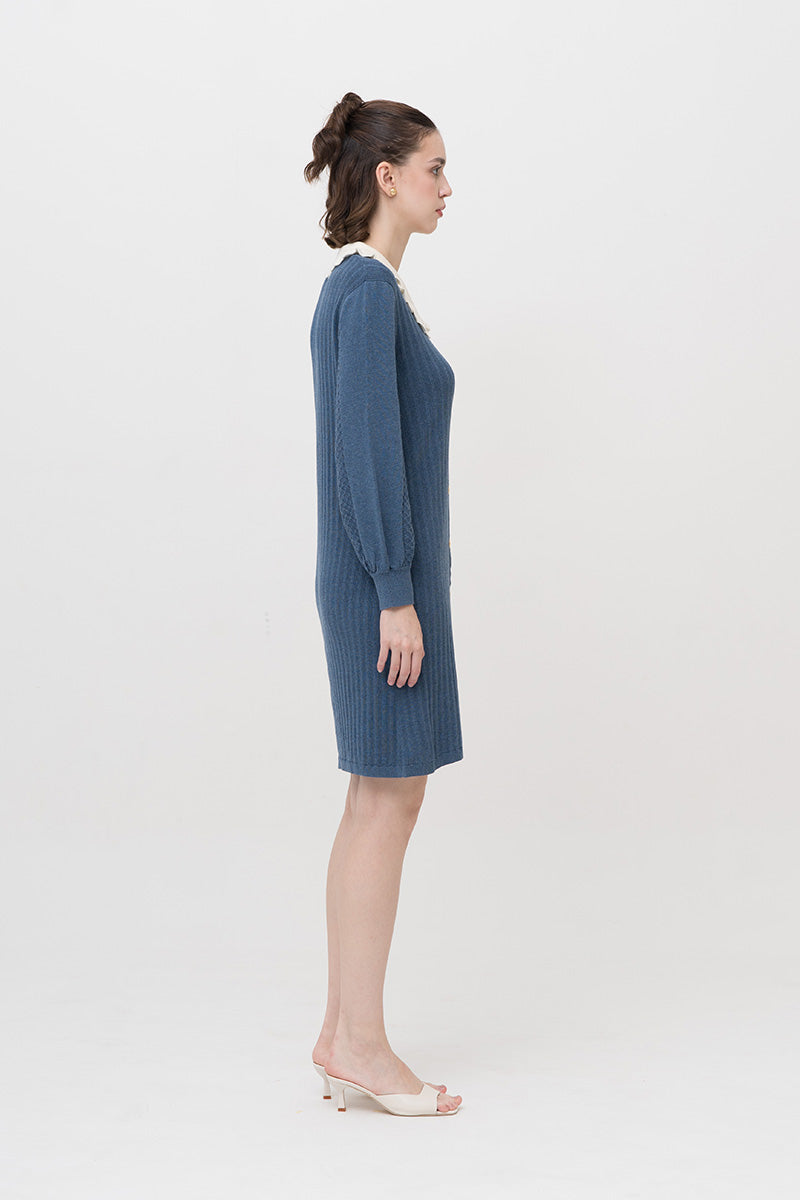 Lace-Knit Collared Rib-Knit Dress In Slate Blue
