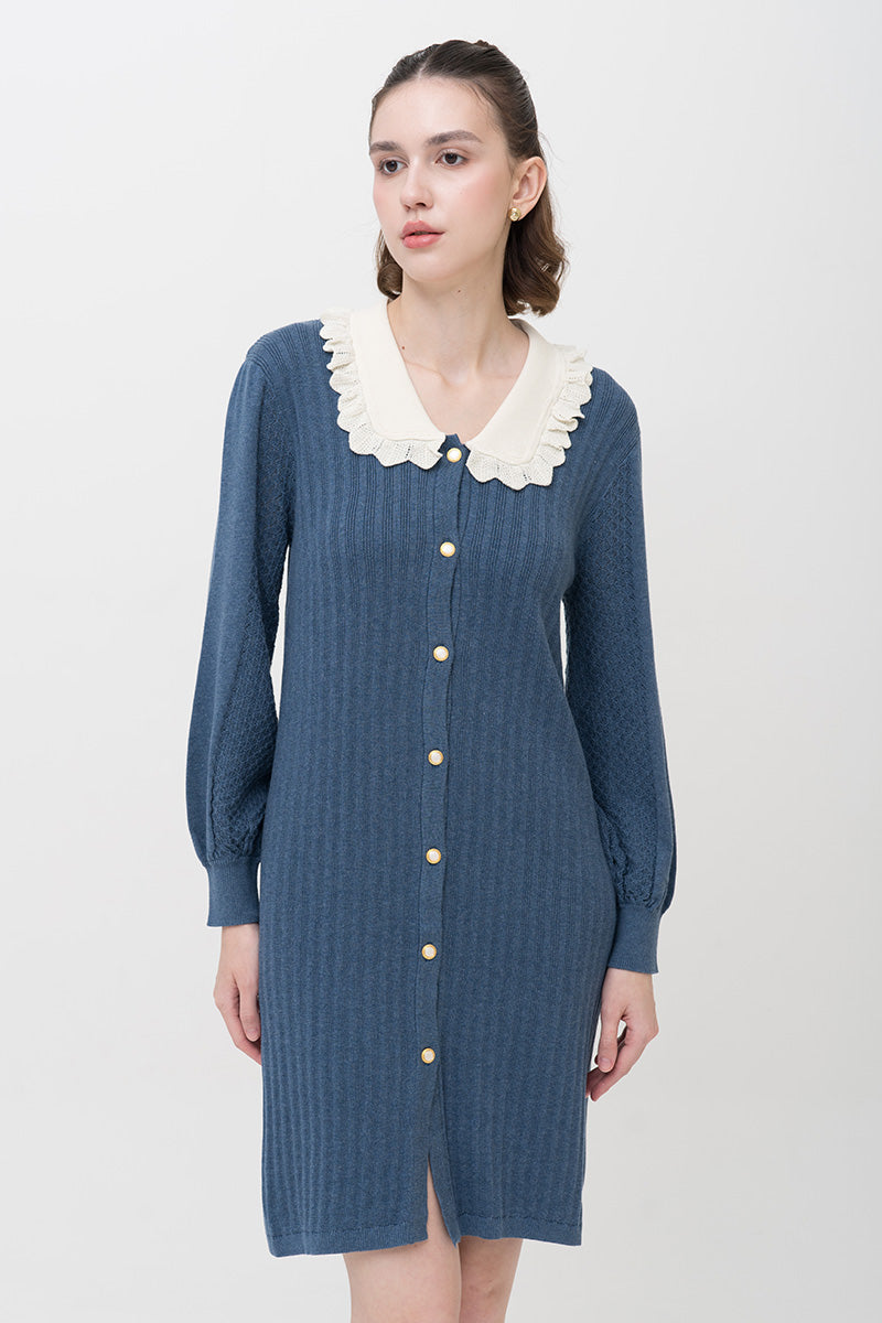 Lace-Knit Collared Rib-Knit Dress In Slate Blue