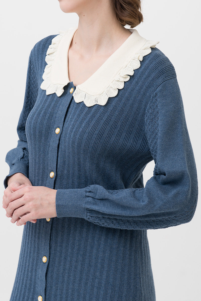 Lace-Knit Collared Rib-Knit Dress In Slate Blue