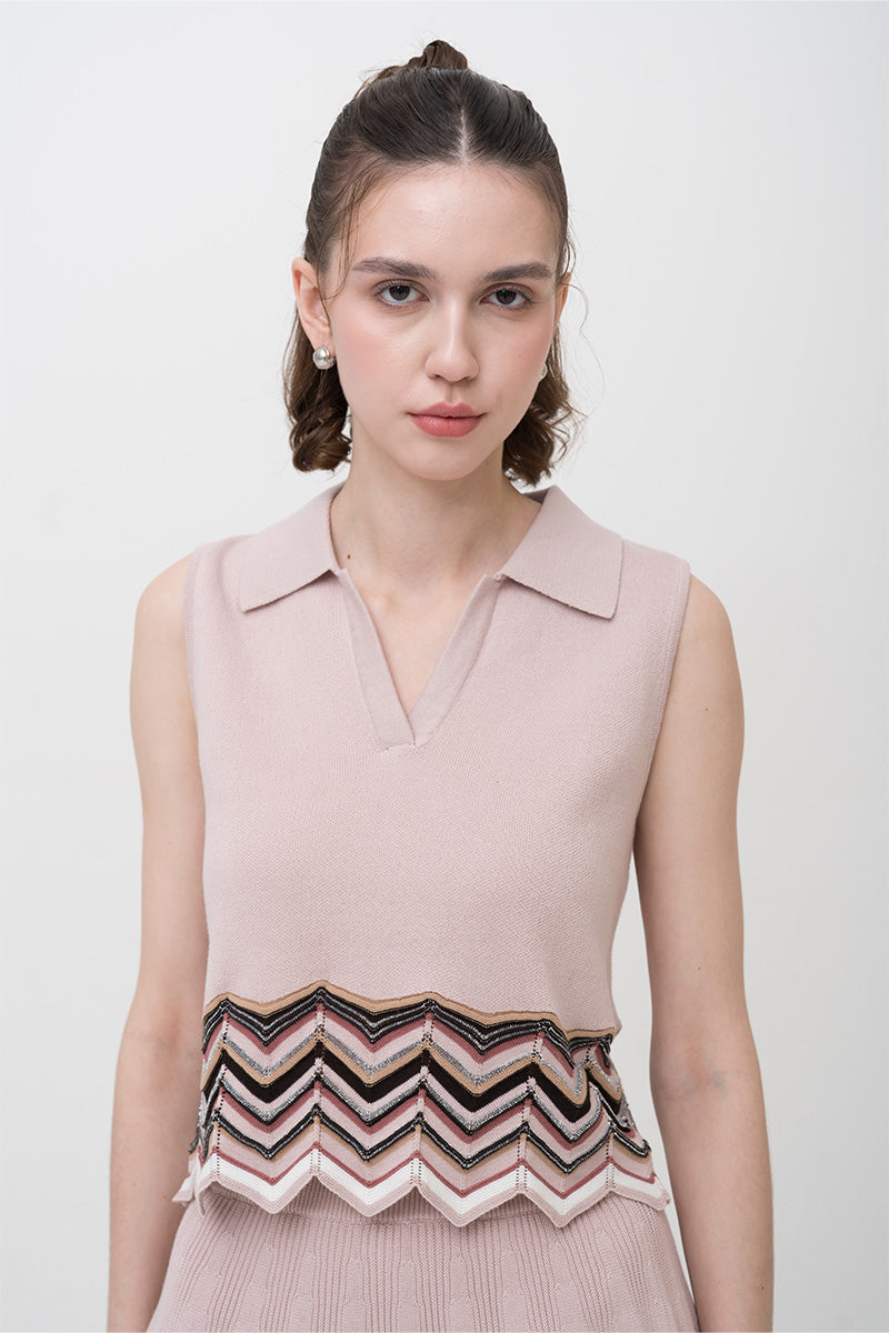 Zig-Zag Trimmed Polo Vest In Dusty Pink