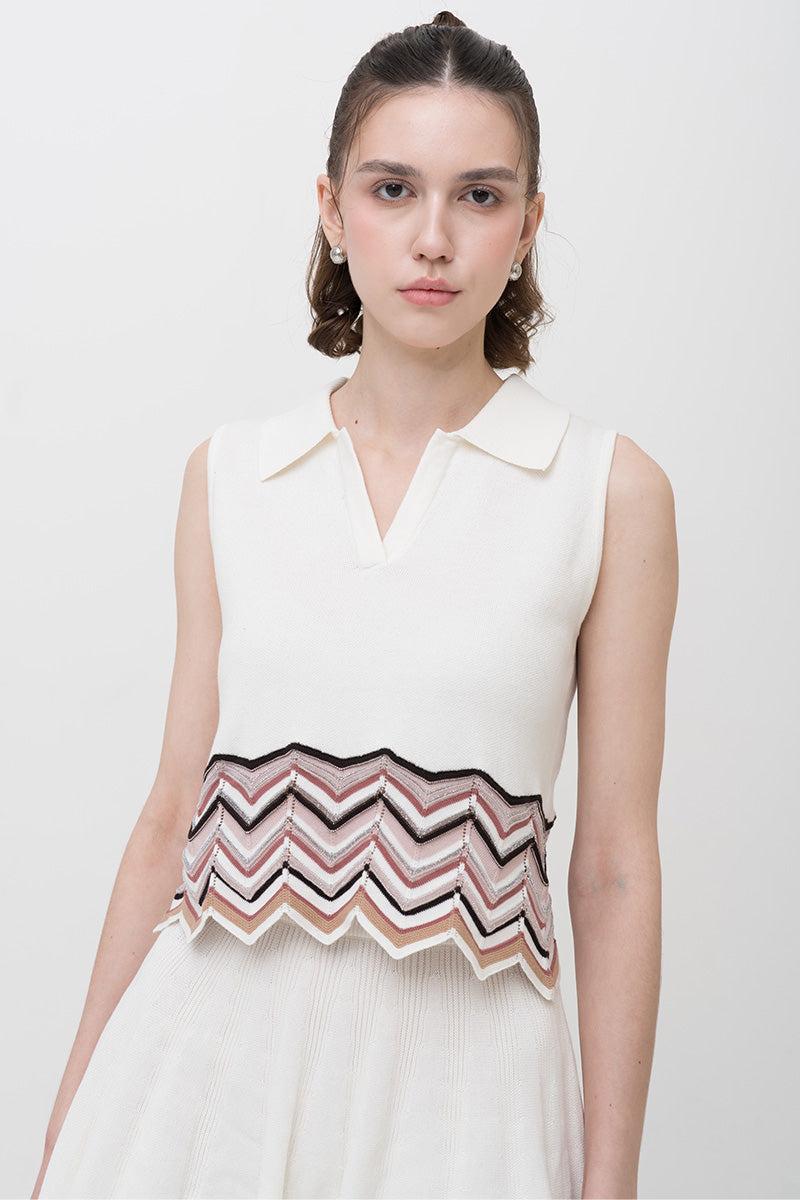 Zig-Zag Trimmed Polo Vest In Ivory