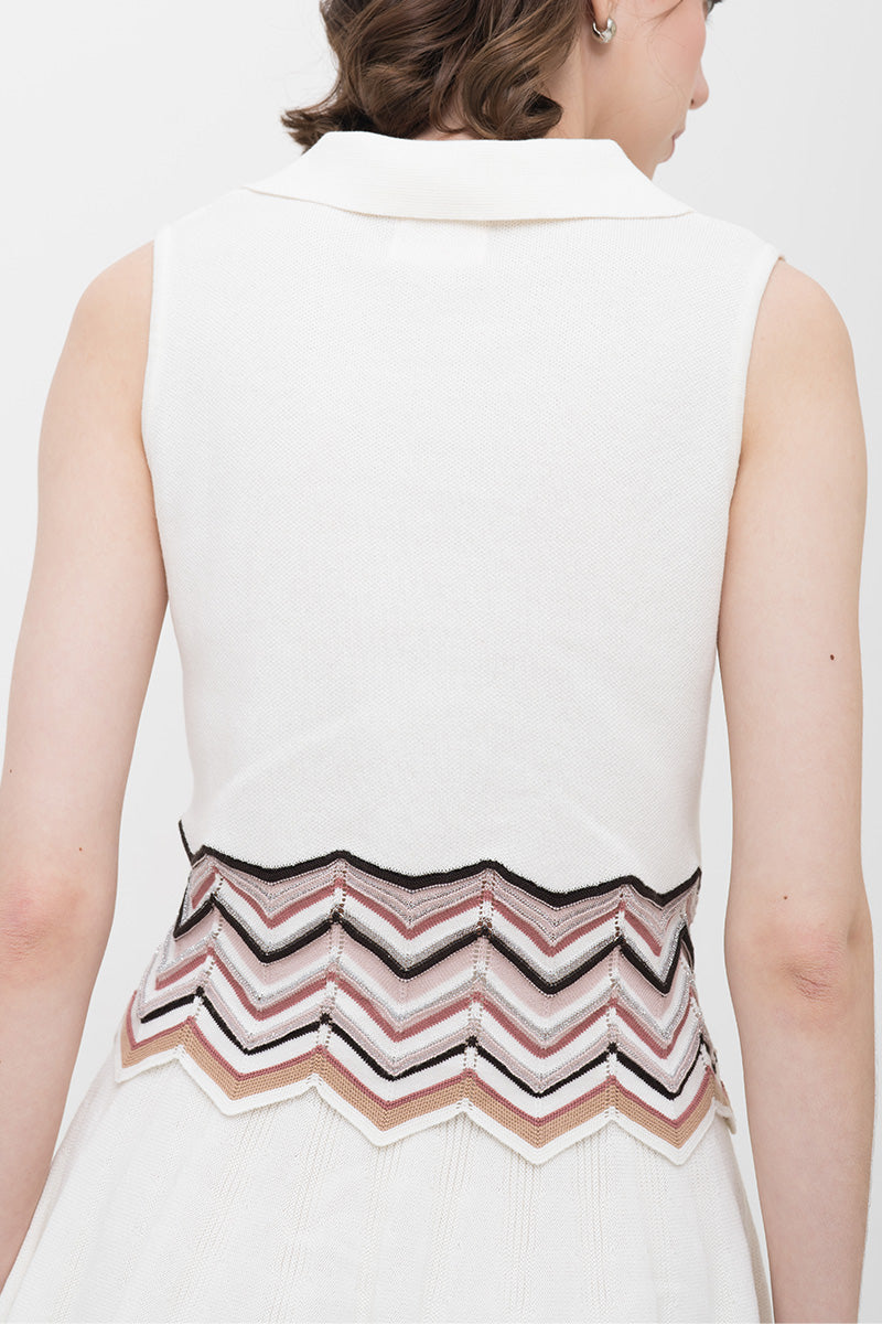 Zig-Zag Trimmed Polo Vest In Ivory