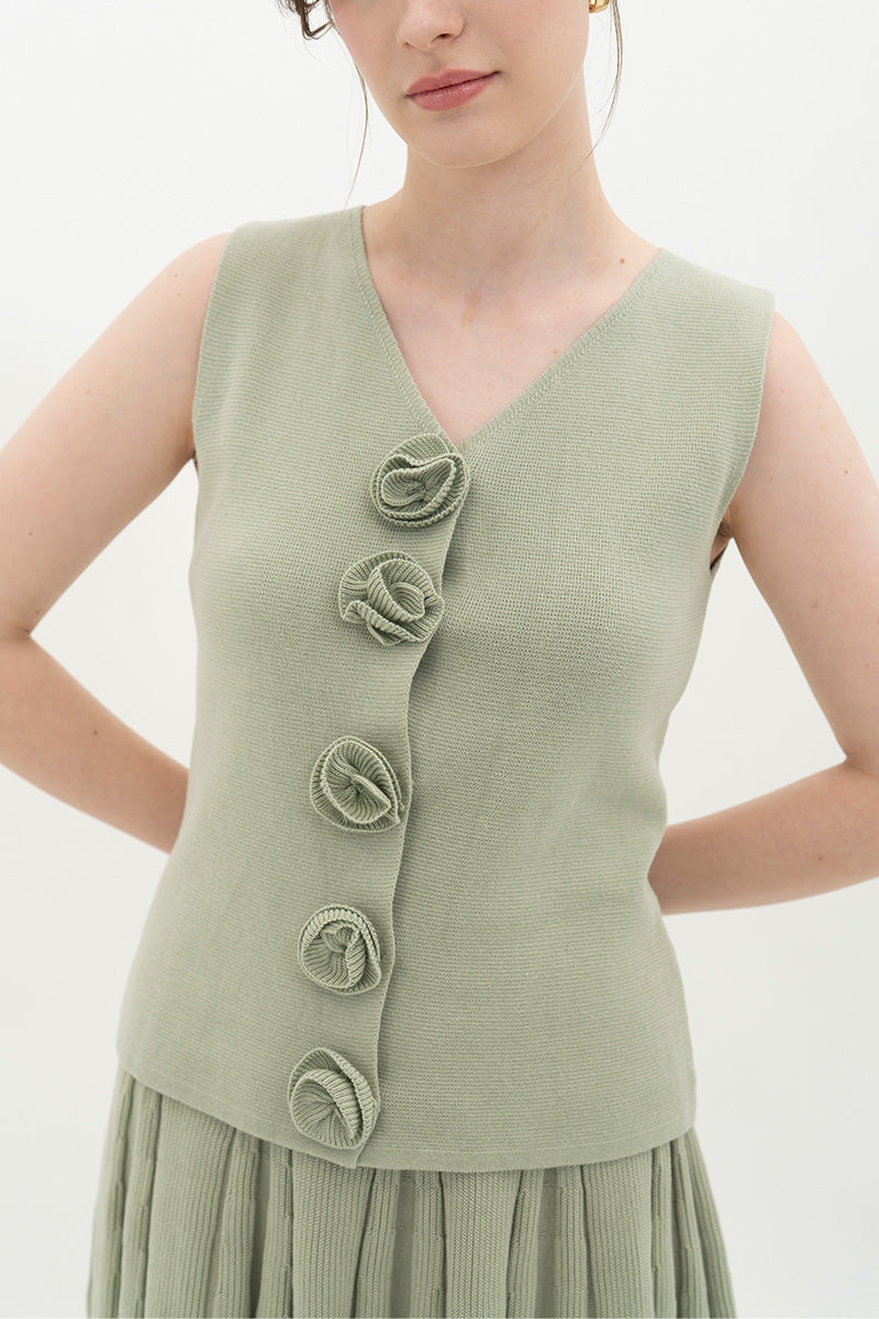 Essential Flower Buttoned Vest In Sage Green
