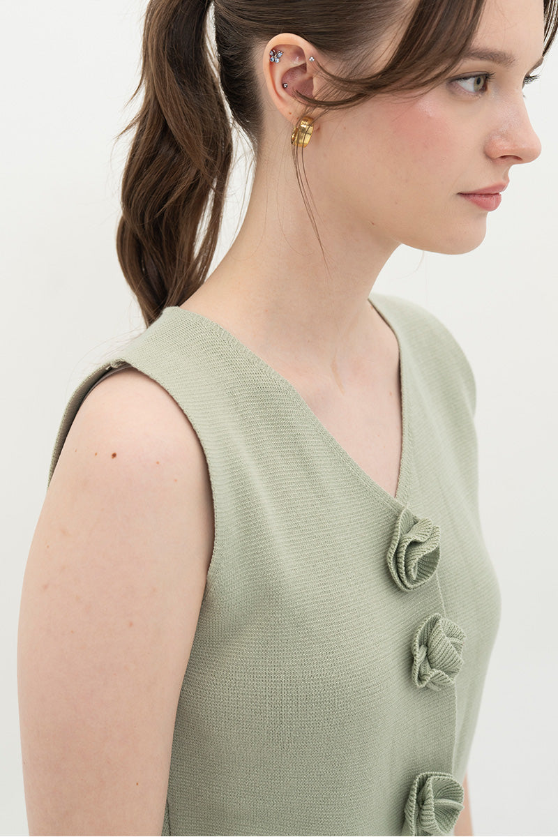 Essential Flower Buttoned Vest In Sage Green