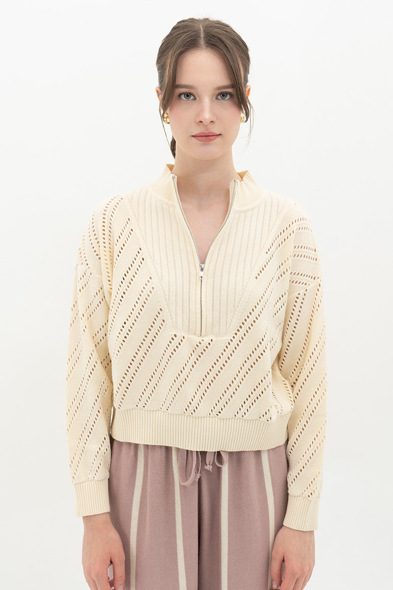 Essential Perforated Zip Sweater In Cream