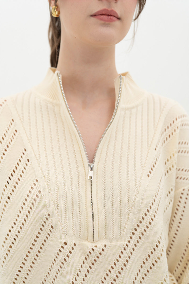 Essential Perforated Zip Sweater In Cream