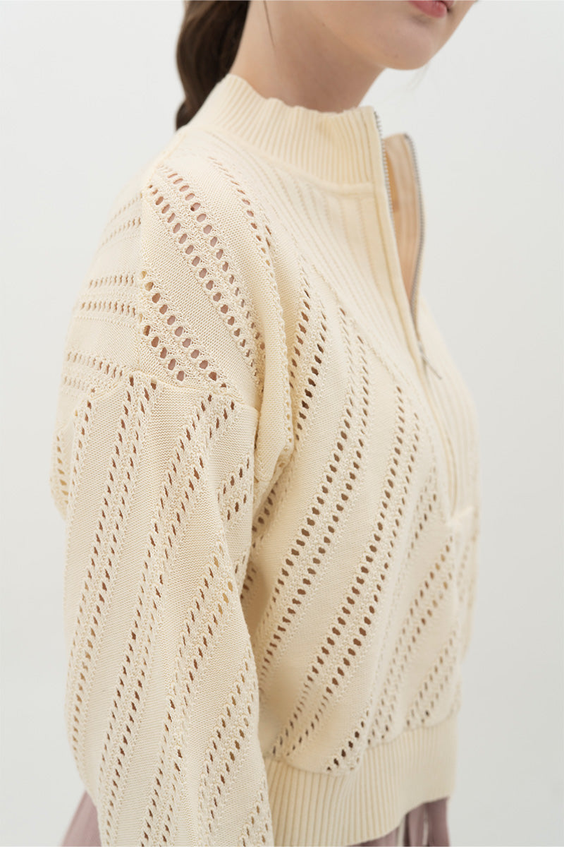Essential Perforated Zip Sweater In Cream