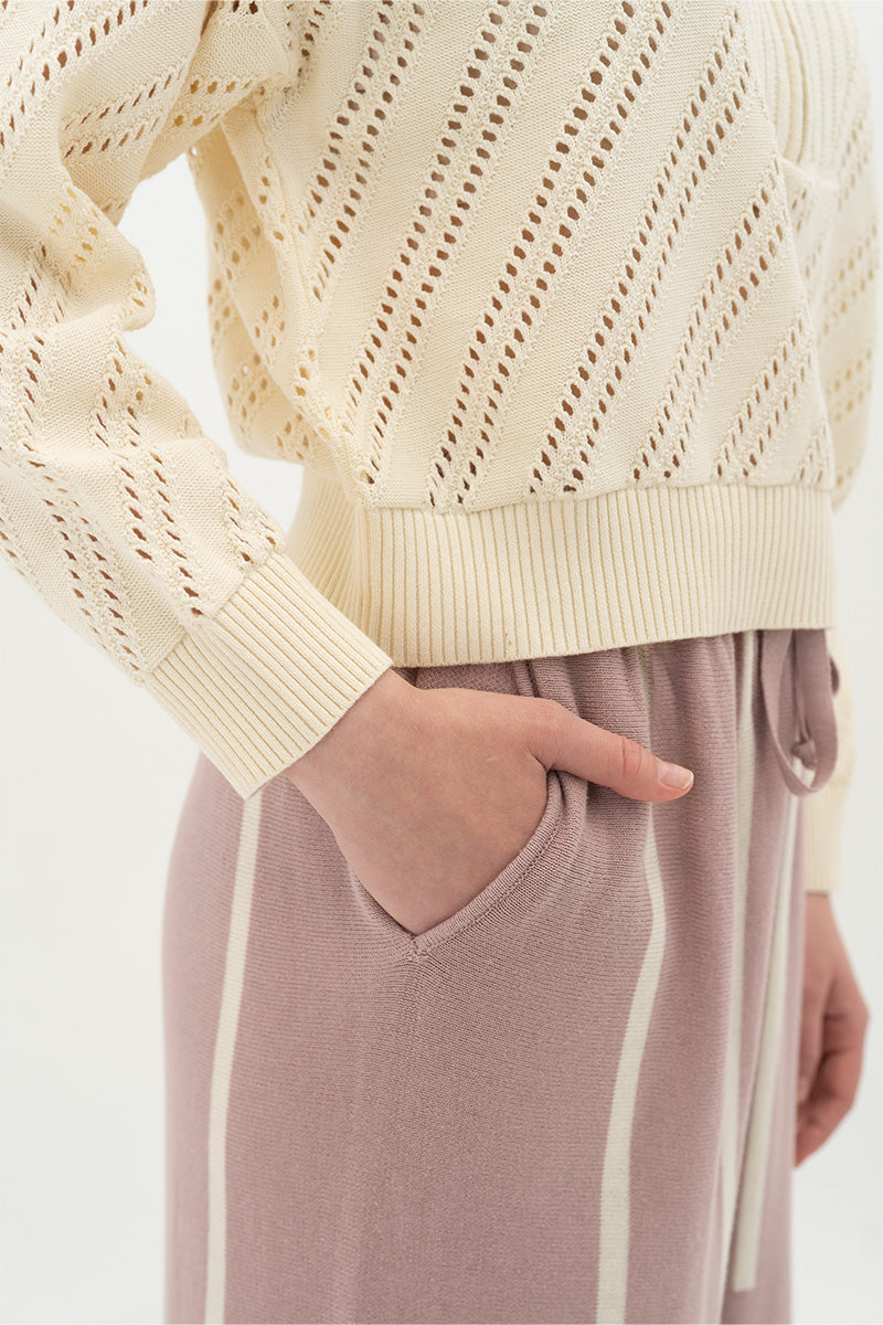 Essential Perforated Zip Sweater In Cream