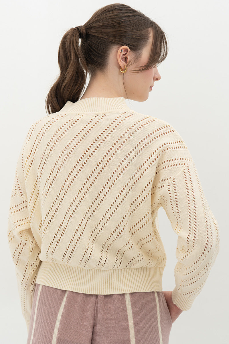 Essential Perforated Zip Sweater In Cream
