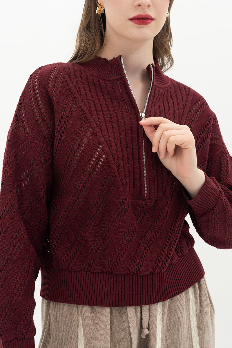 Essential Perforated Zip Sweater In Maroon