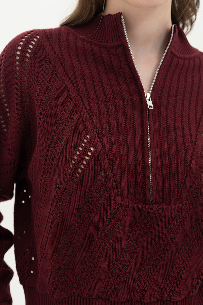 Essential Perforated Zip Sweater In Maroon