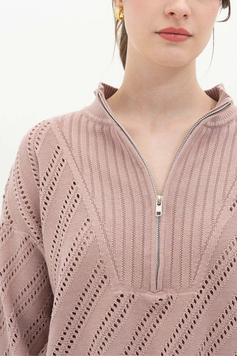 Essential Perforated Zip Sweater In Mauve Pink