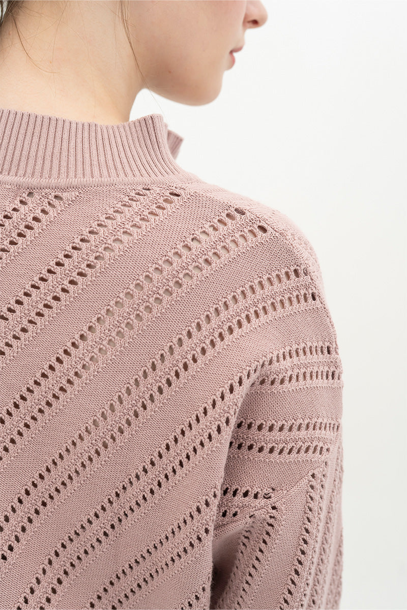 Essential Perforated Zip Sweater In Mauve Pink