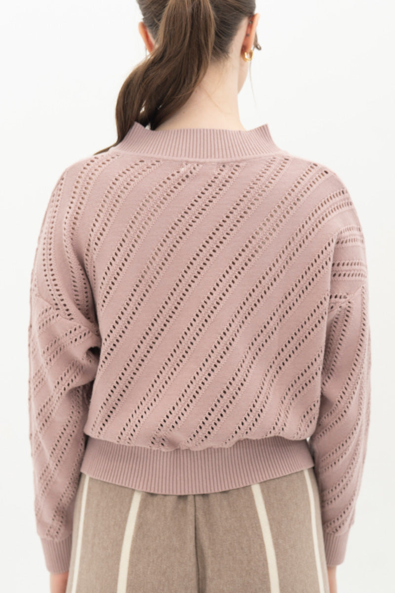 Essential Perforated Zip Sweater In Mauve Pink