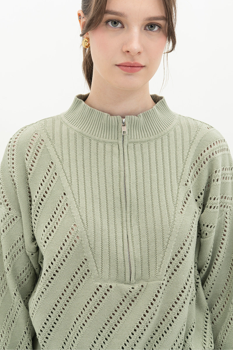 Essential Perforated Zip Sweater In Sage Green