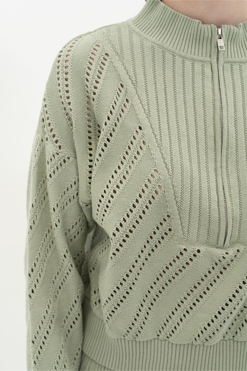 Essential Perforated Zip Sweater In Sage Green