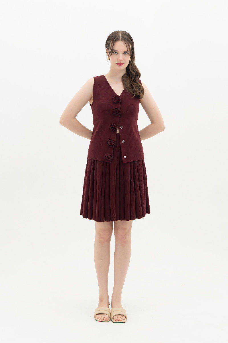 Essential Pleated Knit Mini Skirt In Maroon