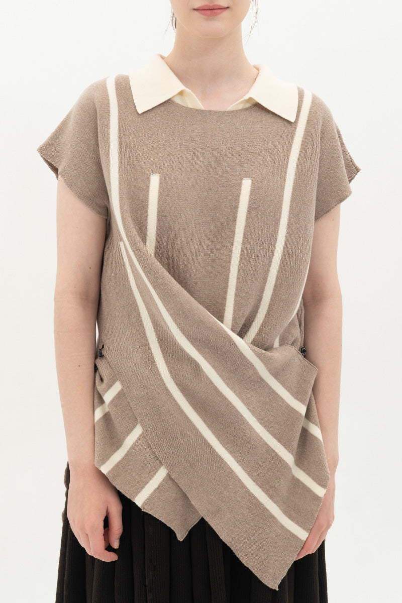 Essential Striped Cross-Button Top In Taupe
