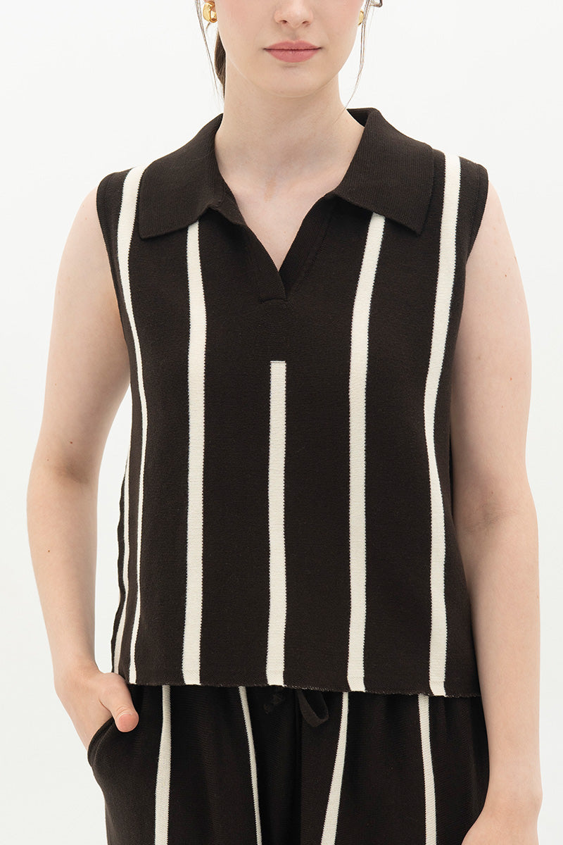 Essential Striped Polo Vest In Cacao