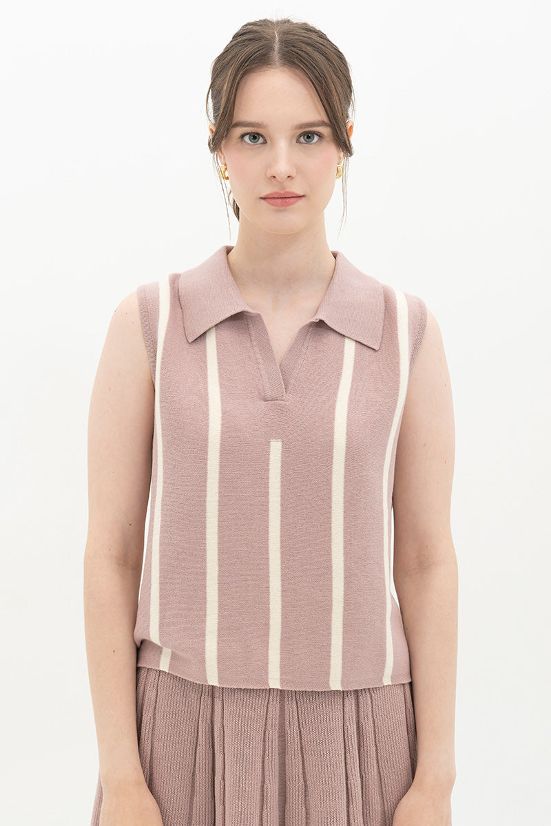Essential Striped Polo Vest In Mauve Pink