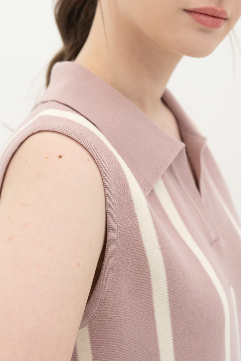 Essential Striped Polo Vest In Mauve Pink