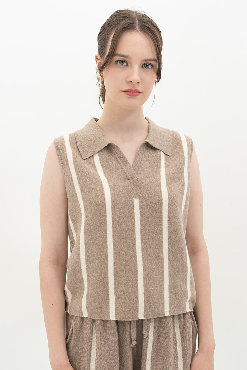 Essential Striped Polo Vest In Taupe