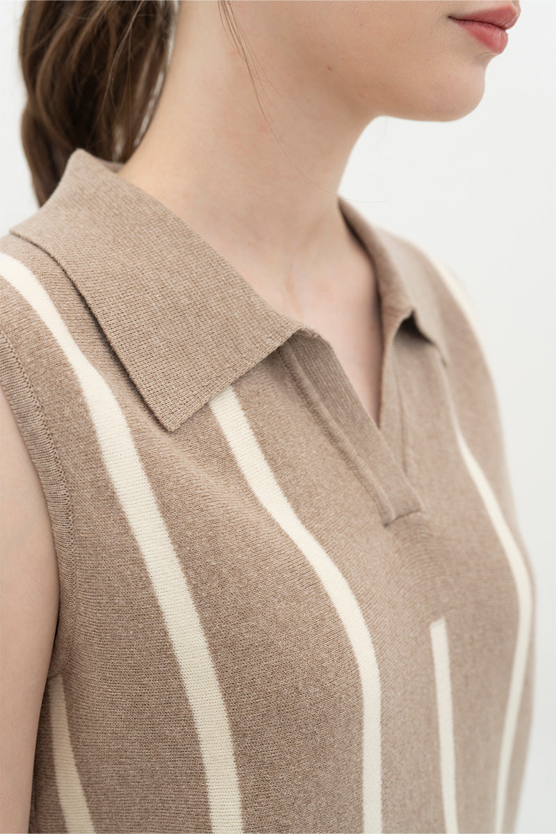 Essential Striped Polo Vest In Taupe