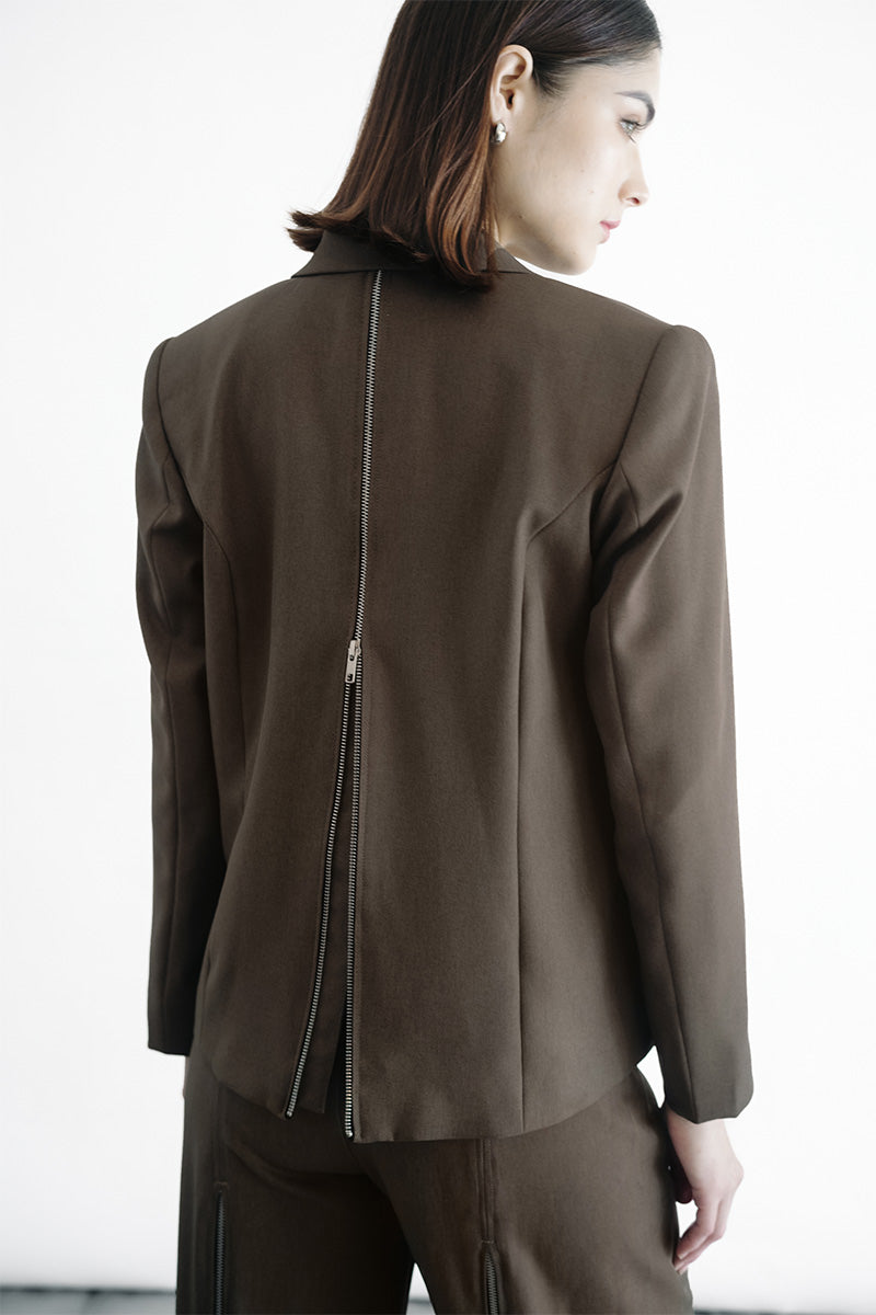 Zipper Back Blazer In Dark Khaki