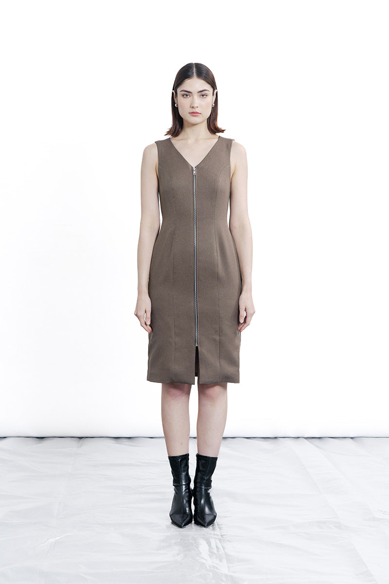 Zipper Fitted Dress In Dark Khaki