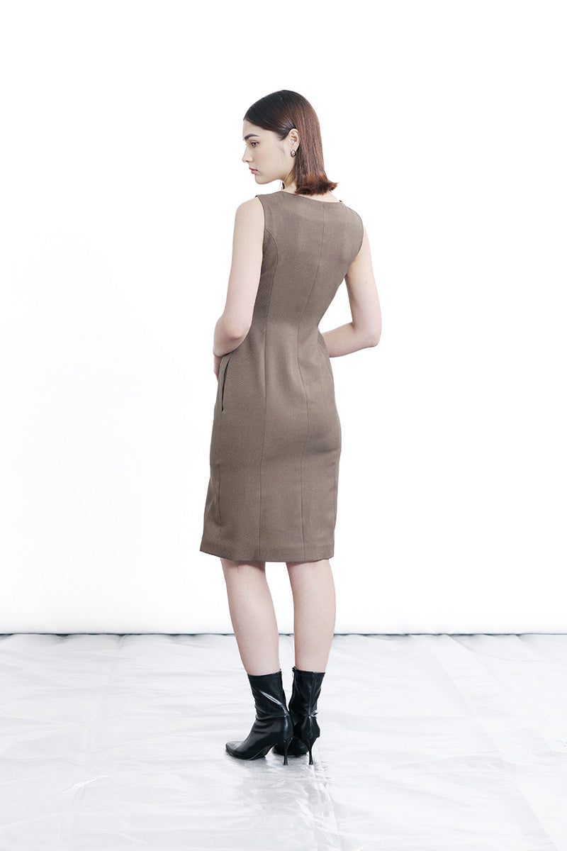 Zipper Fitted Dress In Dark Khaki